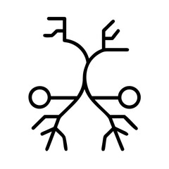 An abstract graphic symbol with a symmetrical design. The design features interconnected lines and shapes