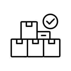 Stacked cardboard boxes with a checkmark symbol, representing a delivery, or package completion. This image shows several square boxes piled together