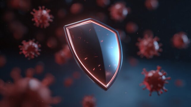 Glowing Shield Protects Against Red Virus Icons in a Digital Environment With Blue Background