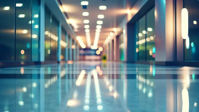 Architectural Symphony of Light: An elegant, contemporary corridor shimmers with the gentle glow of internal illumination, a harmonious blend of glass, reflections, and modern architectural details. 