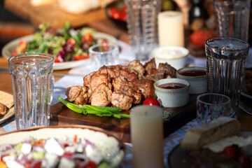 Grilled barbecue meat skewer dish