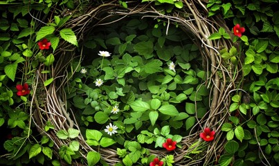 Natural wreath in verdant foliage with delicate white and red flowers