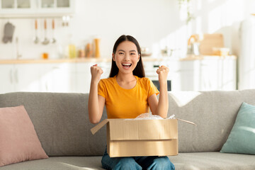 A joyful Asian woman sits on her couch, unboxing a cardboard parcel. She shows excitement and satisfaction with her recent purchase, clenching her fists. Sunlight fills the room.