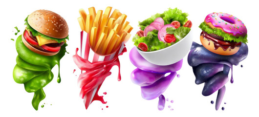 Colorful Fast Food Characters with Unique Shapes and Art Styles on Transparent Background