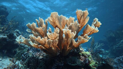 Vibrant coral formations grow peacefully on the ocean floor in sunny tropical waters. Sunlight filters through blue waves illuminating marine life around this beautiful scene.