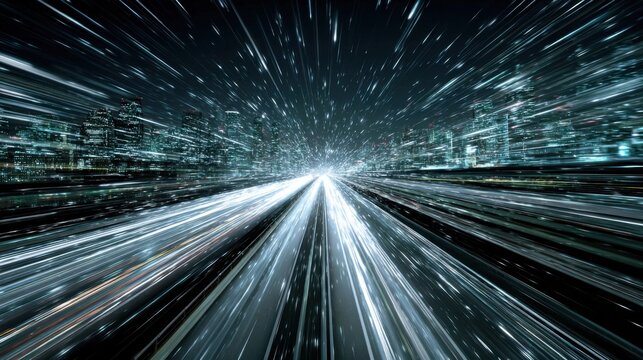 Bright streaks of light depict fast-moving vehicles on a busy city road at night. The scene captures the energy of a bustling urban environment with skyscrapers in the background.