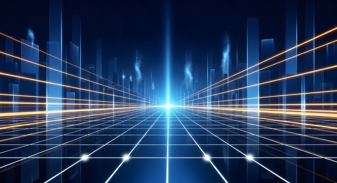 Enter the digital frontier with this stunning futuristic grid and skyline concept