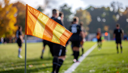 Vibrant corner flag on soccer field with players training in autumn light, perfect for sports marketing and athletic team branding projects