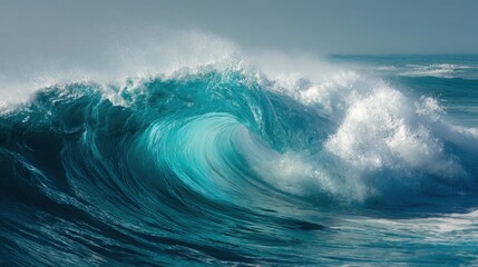 Fototapeta premium Turquoise waves roll and crash onto the beach under a clear sky. The sunlight highlights the waters movement creating a beautiful display of natures power.