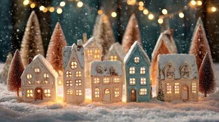 Fototapeta premium A charming winter village features snow-covered houses with warm lights glowing from their windows. Tall snowy trees rise in the background creating a magical holiday scene.