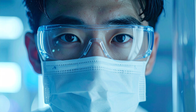 Focused Scientist in Lab: A dedicated scientist gazes intently, his eyes filled with determination and knowledge, illuminated by the cool glow of the laboratory environment.