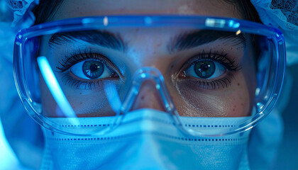 Precision and Protection: A close-up view of a focused scientist, wearing protective eyewear and a mask, highlights the importance of safety and vigilance in the pursuit of scientific advancement.