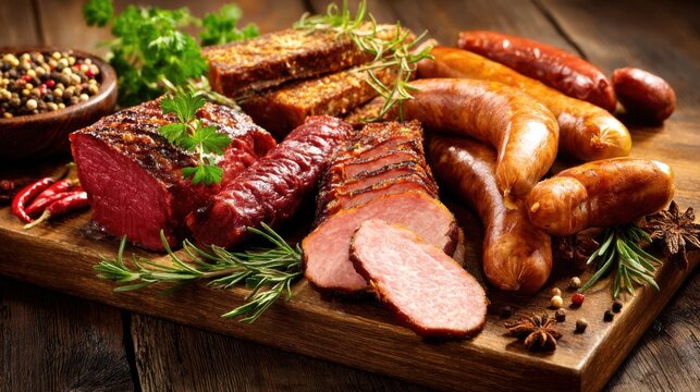 A variety of grilled meats is beautifully displayed on a wooden board. There are sausages smoked cuts and fresh herbs along with colorful spices enhancing the feasts appeal.