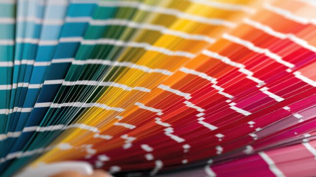 A hand holds a fan of color swatches showcasing a variety of hues from blue to pink. This scene takes place in a design studio providing inspiration for creative projects.