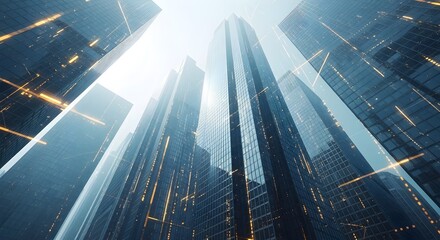 Futuristic city skyline with glowing data streams illuminating towering skyscrapers