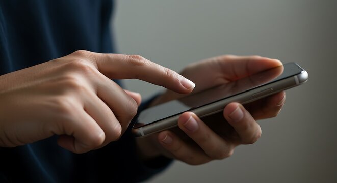 Close up of hands using a silver smartphone with a dark blue shirt mobile phone technology