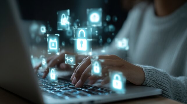 Person Working on Computer With Holographic Security Icons and Lock Symbols Floating Above the Keyboard at Night