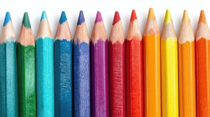 A vibrant collection of sharpened pencils in various colors is neatly arranged in a row. Each pencils tip is sharp and ready to create art or notes.