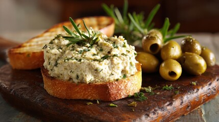A slice of grilled bread topped with a creamy herb spread sits on a wooden board next to green olives. The simple presentation highlights fresh flavors perfect for snacking or entertaining.