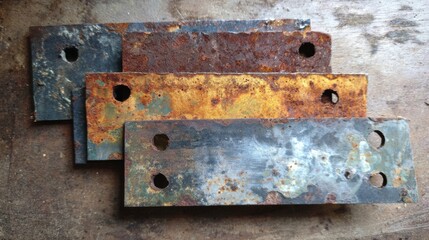 Several rusty metal plates are arranged on a worn wooden surface in a workshop. Each plate displays significant corrosion and uneven colors illustrating their age and exposure to elements.