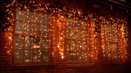 Obraz premium Bright string lights hang gracefully over brick wall windows creating a warm and inviting atmosphere during the holiday season in an urban environment.