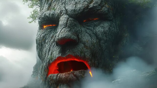Giant stone face with glowing eyes in mystical forest