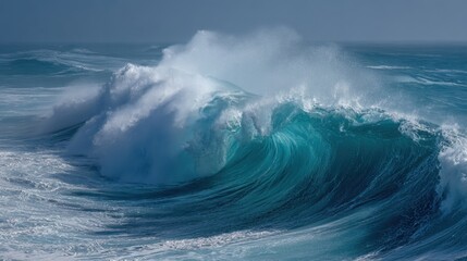 Obraz premium Powerful ocean waves rise and crash dramatically creating white foam against a brilliant turquoise sea. The scene captures the energy and beauty of nature on a sunny day.