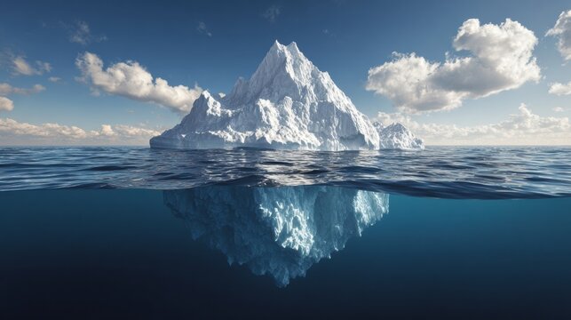 Majestic Iceberg Floats in Arctic Ocean Showcasing Stunning Underwater Reflection in Shades of Blue