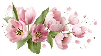 A vibrant display of pink tulips with soft petals and lush green leaves. The flowers are beautifully arranged creating an elegant floral composition against a clean white backdrop.