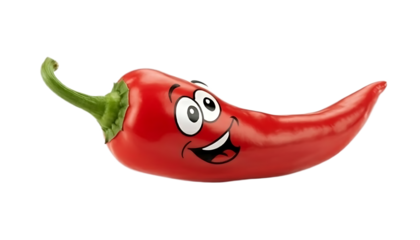 Red chili pepper with funny cartoon face, smiling expression, isolated on the transparent background for food and humor concepts