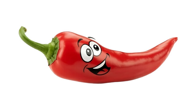 Red chili pepper with funny cartoon face, smiling expression, isolated on the transparent background for food and humor concepts