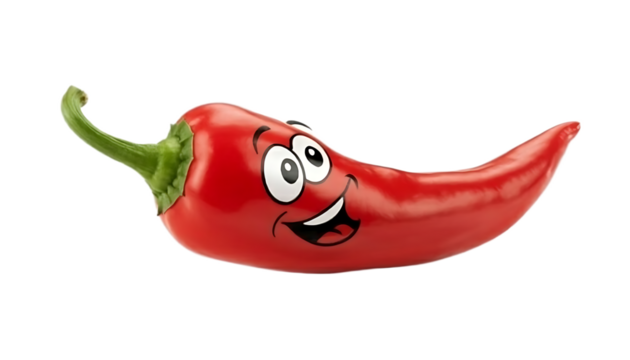 Red chili pepper with funny cartoon face, smiling expression, isolated on the transparent background for food and humor concepts