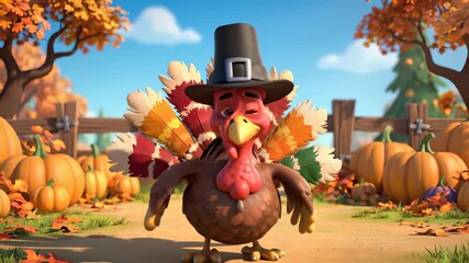 A cartoonishly dressed turkey proudly stands amidst a vibrant patchwork of pumpkins, perfectly capturing the playful, lighthearted celebration concept often associated with Thanksgiving holidays.