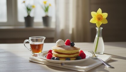 Delicious stack of fluffy pancakes with fresh raspberries, blueberries, and whipped cream, served with maple syrup