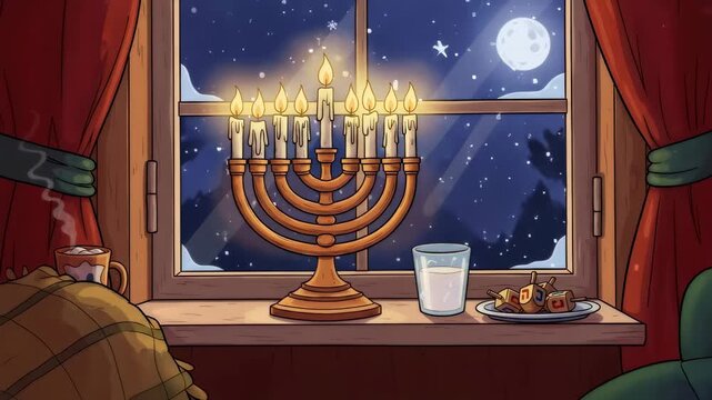 Hanukkah menorah lighting progressive candle illumination with dreidels and hot drink on a snowy night. Chanukah tradition and celebration.