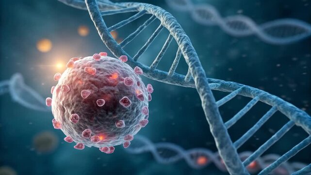 Exploring genetic biology through microscopic virus cell interacting with dna helix. Advanced science and medicine research into molecular infection process of pandemic - Powered by Adobe