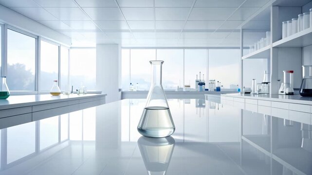 Calm, clean modern laboratory for medical chemistry and science research, featuring bright workplace with advanced technology and flask on table for discovery