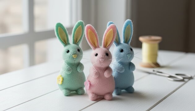 Three pastel felt bunnies (green, pink, blue) with crafting tools