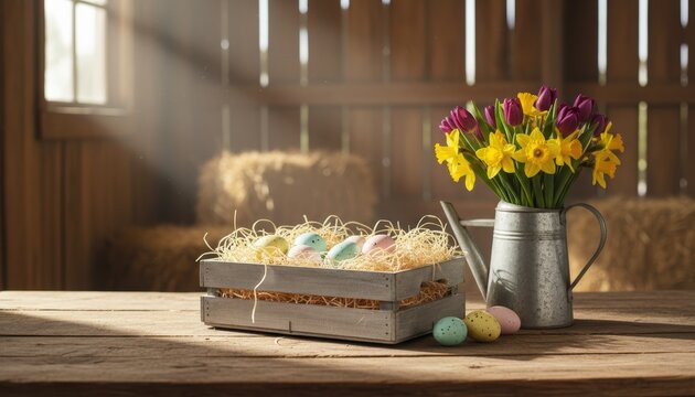 Rustic Easter scene with pastel speckled eggs in a wooden crate, spring tulips and daffodils in a watering can. - Powered by Adobe