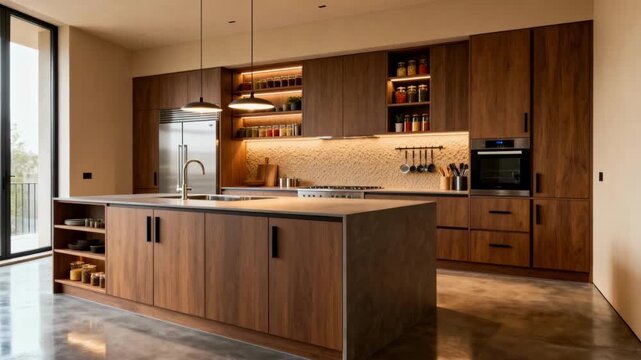 Contemporary kitchen with bespoke cabinetry and a functional island capturing the careful planning of personalized spaces for culinary activities.