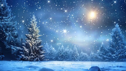 A Christmas scene with trees and stars in the sky