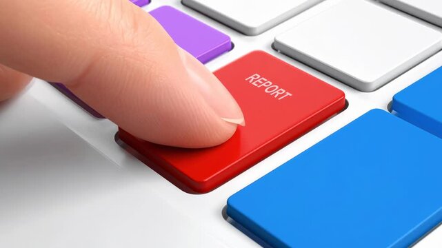 Urgent action as finger prepares to press red report key button on computer keyboard, critical moment utilizing technology for immediate data submission