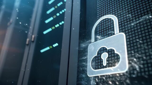 Secure cloud computing technology for total data protection and privacy. digital padlock on central server represents advanced cybersecurity, network defense, and information safety