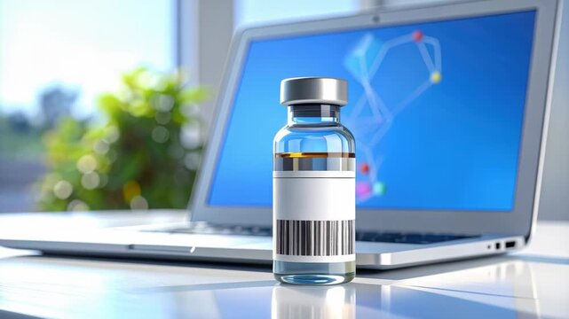 Hopeful medical research progress vaccine vial of new medicine next to laptop with science data, representing healthcare technology, and pharmaceutical development innovation