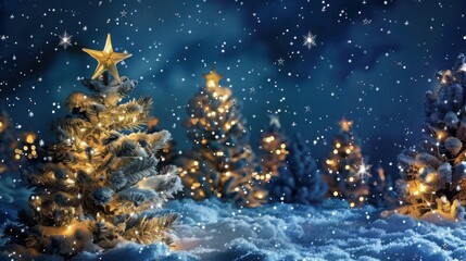 A Christmas scene with trees and stars in the sky