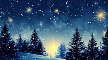 A Christmas scene with trees and stars in the sky