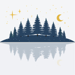 Night landscape with pine trees, stars, and moon reflecting in water.