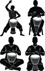 Silhouette of People Playing Djembe Drum Vector Illustration