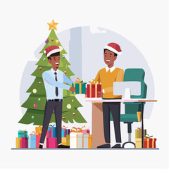 Office workers exchanging Christmas gifts near a decorated tree.