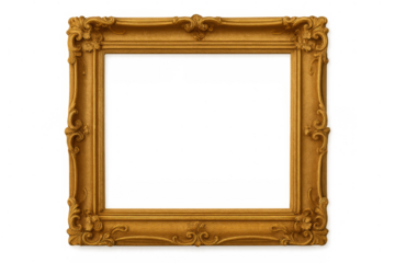 Ornate gold antique picture frame with carved baroque rococo details, empty classic luxurious molding, transparent background